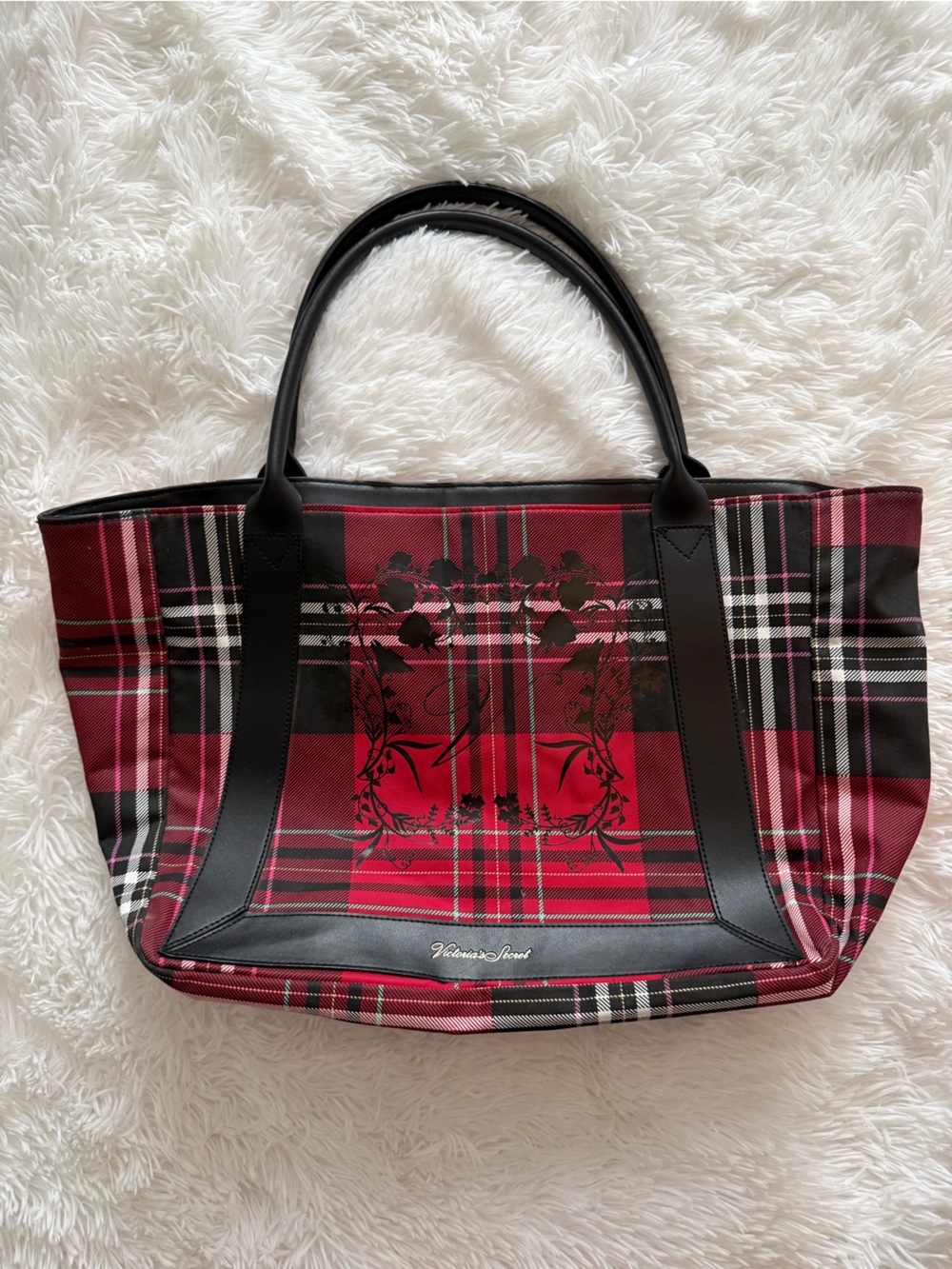 Victoria’s secret Red Plaid Tote with Black Trim and black flower pattern - Picture 3 of 5